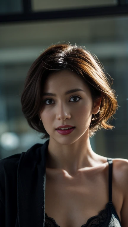 Photo of Beautiful mature milf, Japanese milf, 35 years old, (1girl, solo, 35yo), stunning, with short curly hair, A cinematic night view, (best quality,4K,8k,mackerel,masterpiece:1.2),very detailed,(realistic,photorealistic,photo-realistic:1.37),dramatic lighting,Moody atmosphere,Mysterious Shadow,dramatic shadows,dramatic lighting,dramatic pose,Intense focus,intricate details,volumetric lighting,cinematic angle,Cinematic framing,Chiaroscuro, lingerie, sexy, Black see-through cardigan,