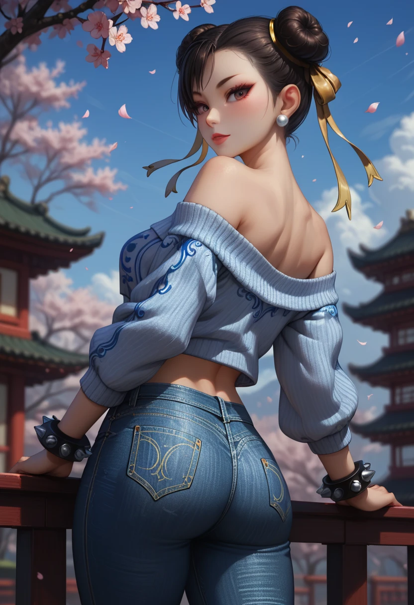 score_9, score_8_up, score_7_up, 1girl, solo, beautiful waifu, thicc, (Chun-Li:1.2), wearing (tight jeans:1.2), (off shoulder sweater:1.1), midriff, detailed eyes, detailed face, flirt, (sexy pose:1.2), in beautiful Kyoto park, cherry blossoms, lowlight, early evening, shallow depth of field, rear view.