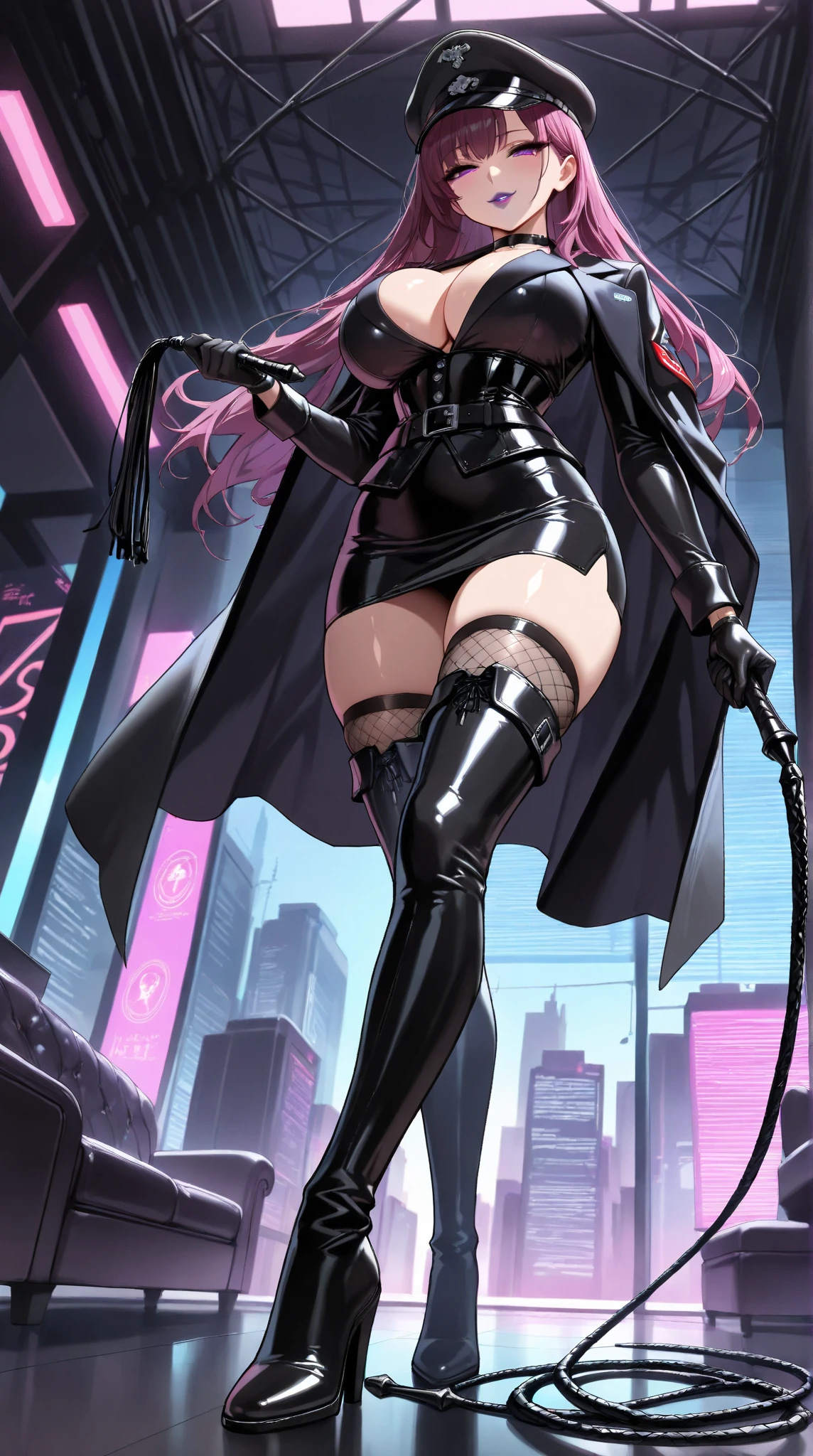 Anime drawing of a woman in a special beige outfit with black details and pink shiny mystical symbols。Black and pink hair、long and straight hair、Holding two pink swords、Teacher's glasses、Ballet poses。, Classic anime Bayonetta in destroyed city