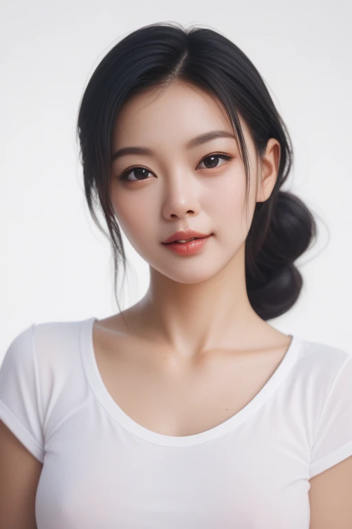 masterpiece,high quality,upper body,standing, 1 Asian woman, black hair, front view, from the front, looking at viewer, no background, white background, unremarkable expression, mediocre hairstyle, a character that looks like a passerby, a person who is not particularly noticeable,
