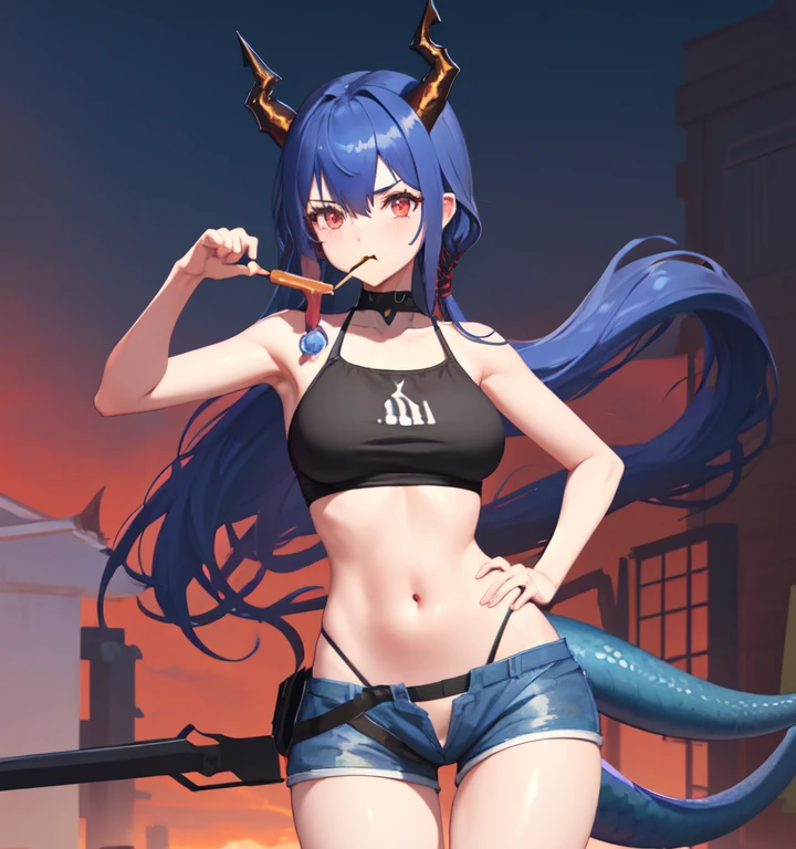 1girl, ch'en_(arknights), holding_eyewear, holding, solo, shorts, horns, eyewear_removed, sunglasses, hat, swimsuit, bikini, official_alternate_costume, navel, breasts, tail, baseball_cap, horns_through_headwear, dragon_horns, open_fly, food, looking_at_viewer, popsicle, large_breasts, cowboy_shot, black_bikini, short_shorts, bare_shoulders, dragon_tail, red_eyes, stomach, highleg, mouth_hold, hand_on_hip, long_hair, sidelocks, bangs, collarbone, highleg_bikini, blue_hair, thighs, blush, thigh_gap, white_headwear, standing, blue_shorts, bare_arms, halterneck