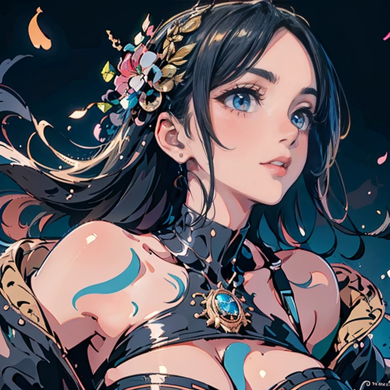 ((Best quality UHD)), ((masterpiece)), (detailed: 1.4), (Absurd), the most beautiful and sexy cyberpunk girl, long platinum black hair, dark african kinetic skin, vibrant glowing green eyes, hot woman, wearing highly detailed futuristic battle armor, sculptural body (((huge enormously gigantic breasts, cleavage showing)), tons of tattoos and piercings(((unkempt hair)), very long finely detailed eyelashes, by mucha, niji --V5, close to real, sexy dynamic pose, pastel, centered, scale to fit the dimensions, futuristic cyber City, highy detailed background, perfect masterpiece, best quality, best resolution