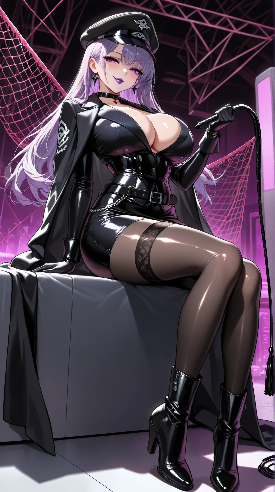  Young Beautiful Woman,(masterpiece, top quality, very detailed depiction, Incredibly Absurd High Definition ,Curvaceous Body,Beautiful legs,High quality skin),(Female executive of an evil organization:1.3),( Shiny Black Bondage Corset with Intricate Structures:1.3,Black Latex Tight Skirt :1.3, body net stockings,military hat,Military cloak,Black leather belt, Long Gloves, leather choker, black tights, leather thigh-high boots),(Purple Eyes, half closed his eyes , big breasts, bewitching smile ,Shiny purple lips,Shadowed face,Seductive gestures, holding a whip in her hand :1.2), full body image , side view,background:Secret Base