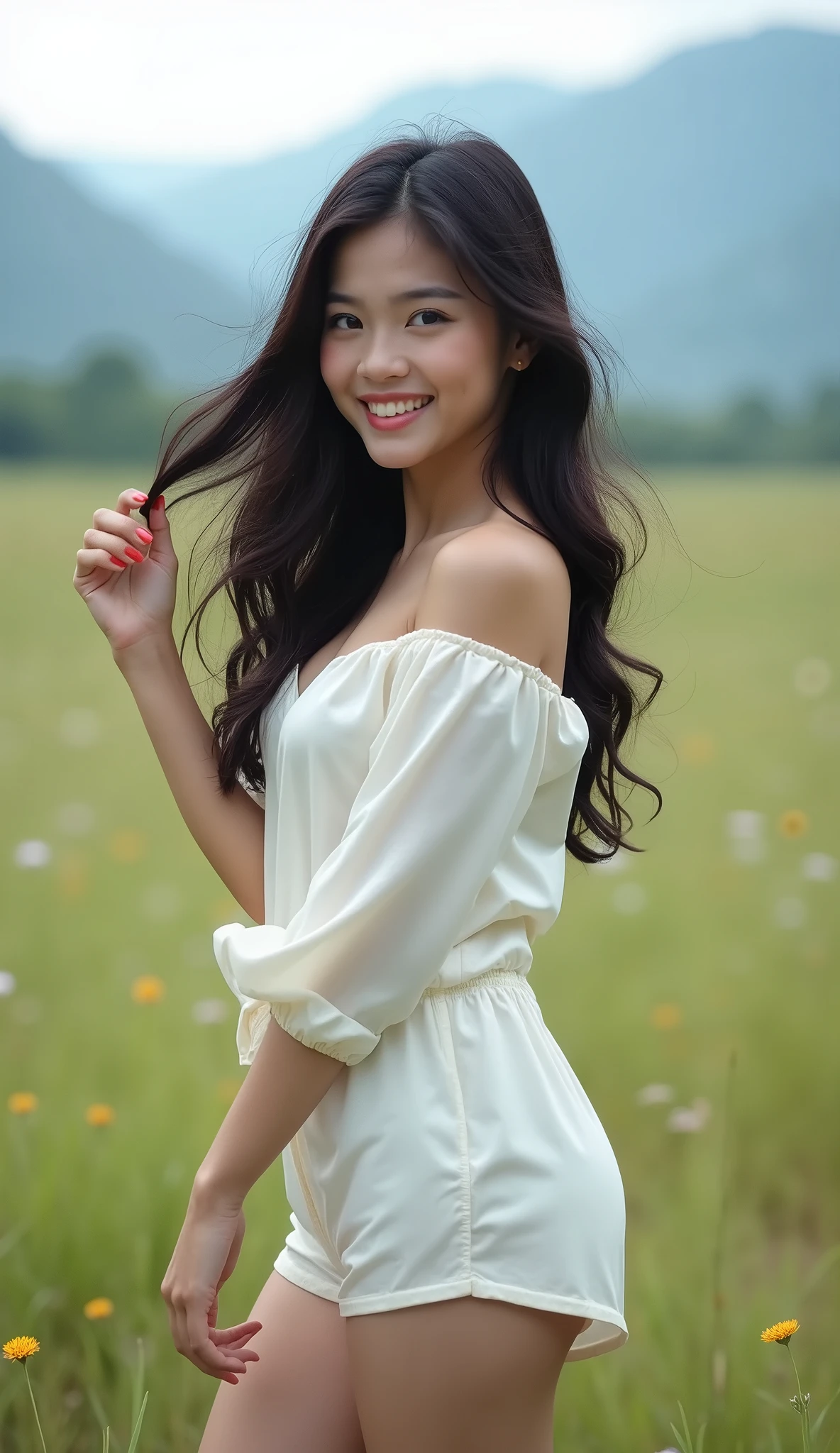 (Masterpiece),(complication:1.3),(Realistic),Young woman,, A cute bright smile.,(Beautiful long black hair with slight curls.), Blue eyes,(Slightly chubby), (big breasts), (Thai face), (Very beautiful face), white skin, small, Wear shorts, Stand sideways and grab my hair, (The wind blows gently from right to left.), There are small flowers.,(Wear a white silk shirt that shows both shoulders.),Has uniqueness,(Located in an open area, with grasslands and mountains.),Can be viewed in many formats,see the whole body,Beautifully detailed,Be natural,Complex light lines,Show after image,Professional Photographer,Have clarity,dramatic,Awarded globally,Cinematic lighting,(film grain,Blurred background,Blurred background,bokeh,depth of field)