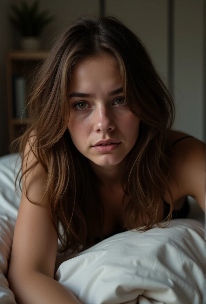 Selfie of Isabella, 22 years old, lies in bed, her long brown hair tangled and unkempt. Her hazel eyes, typically bright, now appear dull and puffy from a late-night revelry. Her porcelain-white skin takes on a pale hue, accentuating the dark circles and baggy eyes that betray her hangover. She looks tired, worn out, and utterly exhausted, as if she's been partying all night and is still trying to shake off the lingering effects of too many drinks. The dim lighting in the bedroom only adds to her somber mood, casting a sleepy haze over the entire scene.