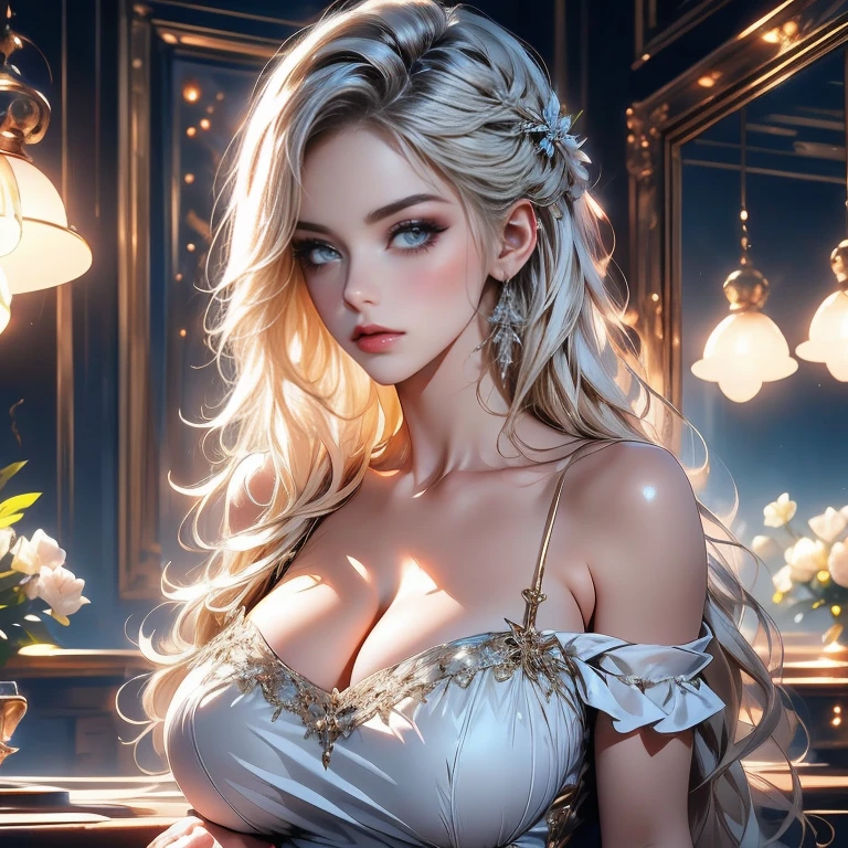 Full body Waifu beautiful detailed eyes, beautiful detailed lips, extremely detailed eyes and face, long eyelashes, 1 girl, sensual, young woman, sensual medium/large breasts, beautiful female face, slim, sexy, erotic, beautiful fashionable clothes, perfect body, perfect female anatomy, cinematic lighting and framing, (best quality, 4k, 8k, high resolution, masterpiece: 1.2), ultra detailed, digital painting, portrait, glamorous, highly detailed, soft lighting, vivid color tones ((masterpiece)), ((best quality)), (ultra detailed) (8k, melhor qualidade, obra-prima:1.2),\(detalhes dos olhos\),\(Detalhes dos traços faciais\),(\(Detalhes das roupas\)\) (Beautiful girl : 1.3) Long pale yellow hair scattered，Microvolumes，Pink eyes，White off-the-shoulder short sleeves，Protruding ，Black sports shorts，A sad expression，Place one hand on your chest，huge tit