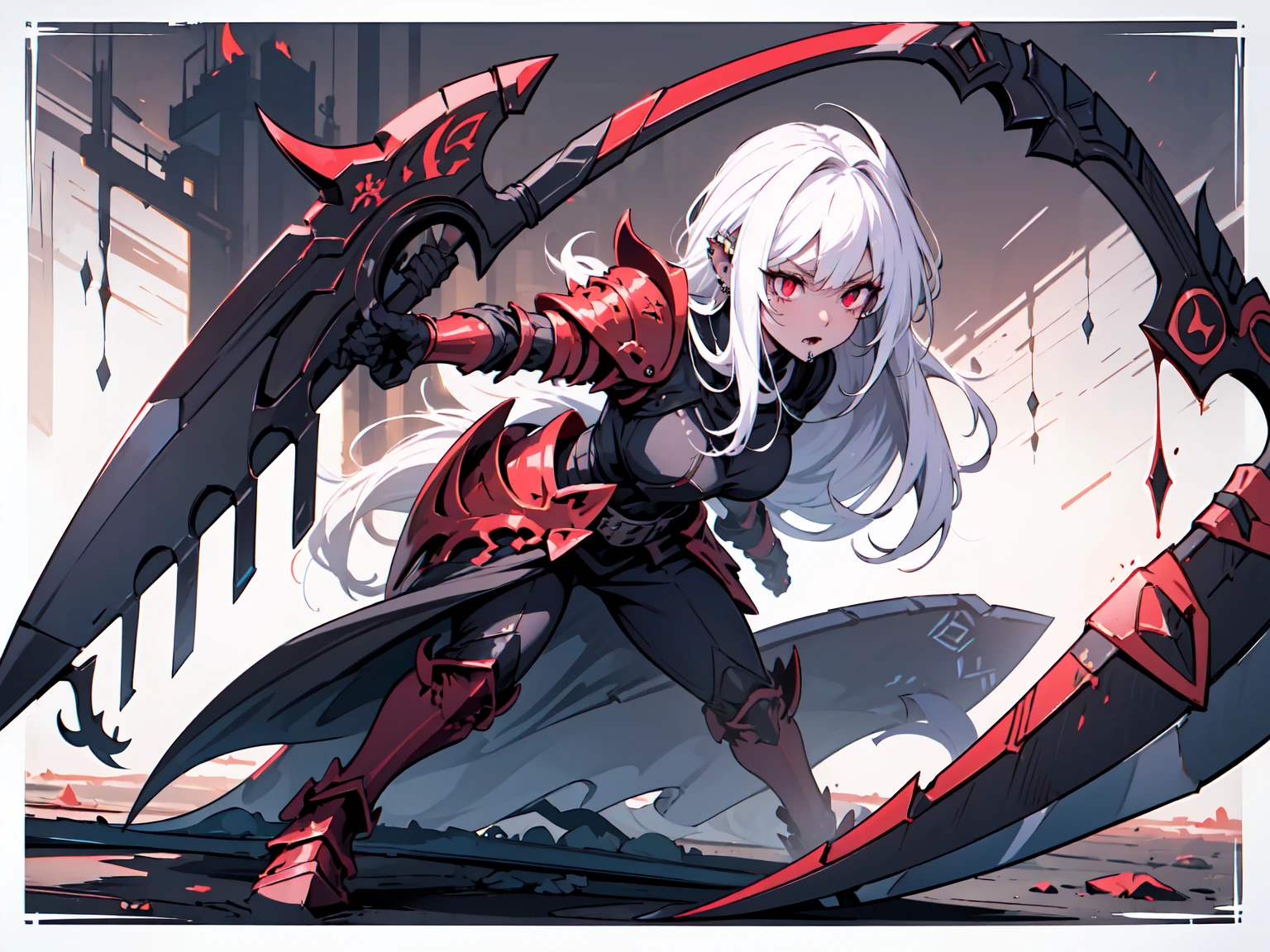 (((masterpiece, best quality, high detailed, 8k))) Design a layout showcase Gaming character, (1girl) Slender cute girl character with short stylish white hair and piercing eyes. She wears a demonic armor in purple black and white. wields a large, stylized scythe. The character has a menacing expression, with a chaotic environment as the background. ((full body front view)). ((slender)), (extremely detailed:1.5), (long white hair:1.2), (piercing red eyes:1.2), (chaotic environment:1.1), (demonic armor:1.3), (stylized scythe:1.3).
