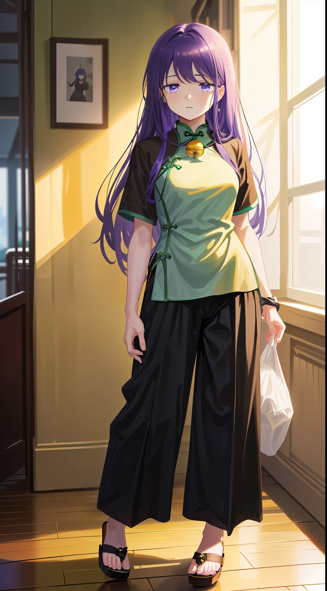 
 .,淡いPurple Eyes、Light purple hair、 semi-long hair  、 random poses 、indoor、 shy expression 、Glamorous expression、
BREAK (mint green theme:1.4), ((loose fashion, rough style):1.2), (fusion of mint green satin cheongsam-tops and short sleeve oversized mint green tunic:1.4), (mint green tops),
BREAK (black theme:1.3), (baggy black linen pants with Bell bottoms:1.5), (black linen baggy pants), (toe skin:1.3), (Sandals:1.2)