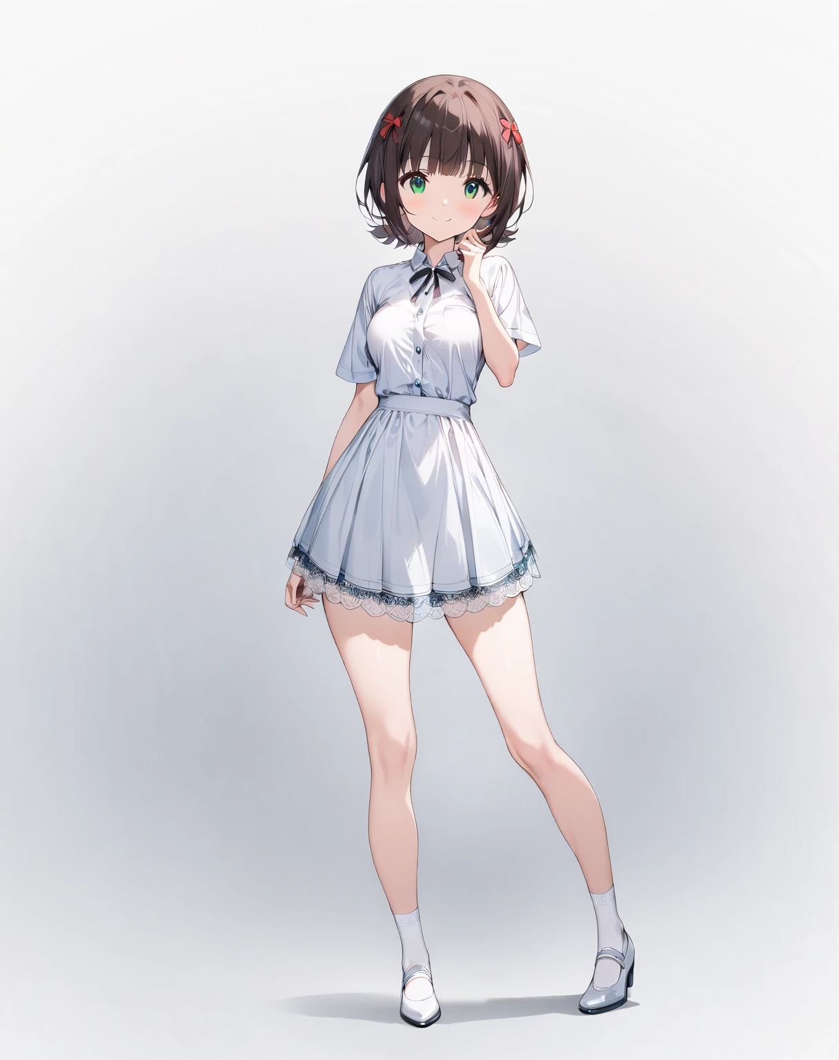 (1 girl),(Alone),

(Amami Haruka )、Amami Haruka、
(masterpiece)、 top quality、 high definition 、 Intricate Details、4K、8k、
(Light gray background)、Grey Room、
( from head to toe:1.5、full body view:1.5)、At the center:1.2、

((round face))、(Brighten your face:0.7)、(Big green eyes:1.3)、(非常に detailed face )、(small round hairstyle)、
((( short short hair:2.5)))、(Brown Hair)、(bangs:0.5)、(A small red ribbon in her hair:0.1)、
( detailed face :0.7)、(smile)、
Round Breasts、

 Video 、 slender figure、 PERFECT FIVE FINGERS 、

(fair skin)、 Delicate Smooth Skin 、 beautiful skin、

break
(Formal shirt)、
(red　Tulip skirt)、
White knee-high socks、
White pumps、

very short hair, 

looking at viewer, 

Slight Body,
Medium Breasts,
Petite Height,

(Alone Focus:1.0),
(Standing:1.4),
(Seductive pose:0.5),

(Full body Shot:1.2), 
(From the front),

(No background),