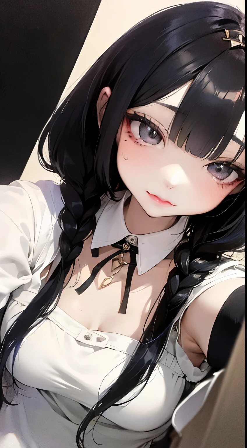  The character has a stylized appearance and contemporary .  she has long hair , with a double style :  the left half is black ,  while the right half is white .  Her hair is smooth and falls softly over the shoulders .  Her face has delicate features ,  with light-toned skin and intriguing expressions .

 She wears a simple outfit ,  with a bodice which features a lace detail .  A delicate collar stands out around her neck ,  Complementing her look .  The eyes are large and seem to have an intense glow ,  which adds a captivating touch to her appearance .

Furthermore,  the description mentions hair features , , such as the possibility of personalization through a dyeing HUD and the availability in different sizes.  This combination of modern style with subtle details gives the character a unique aesthetic .