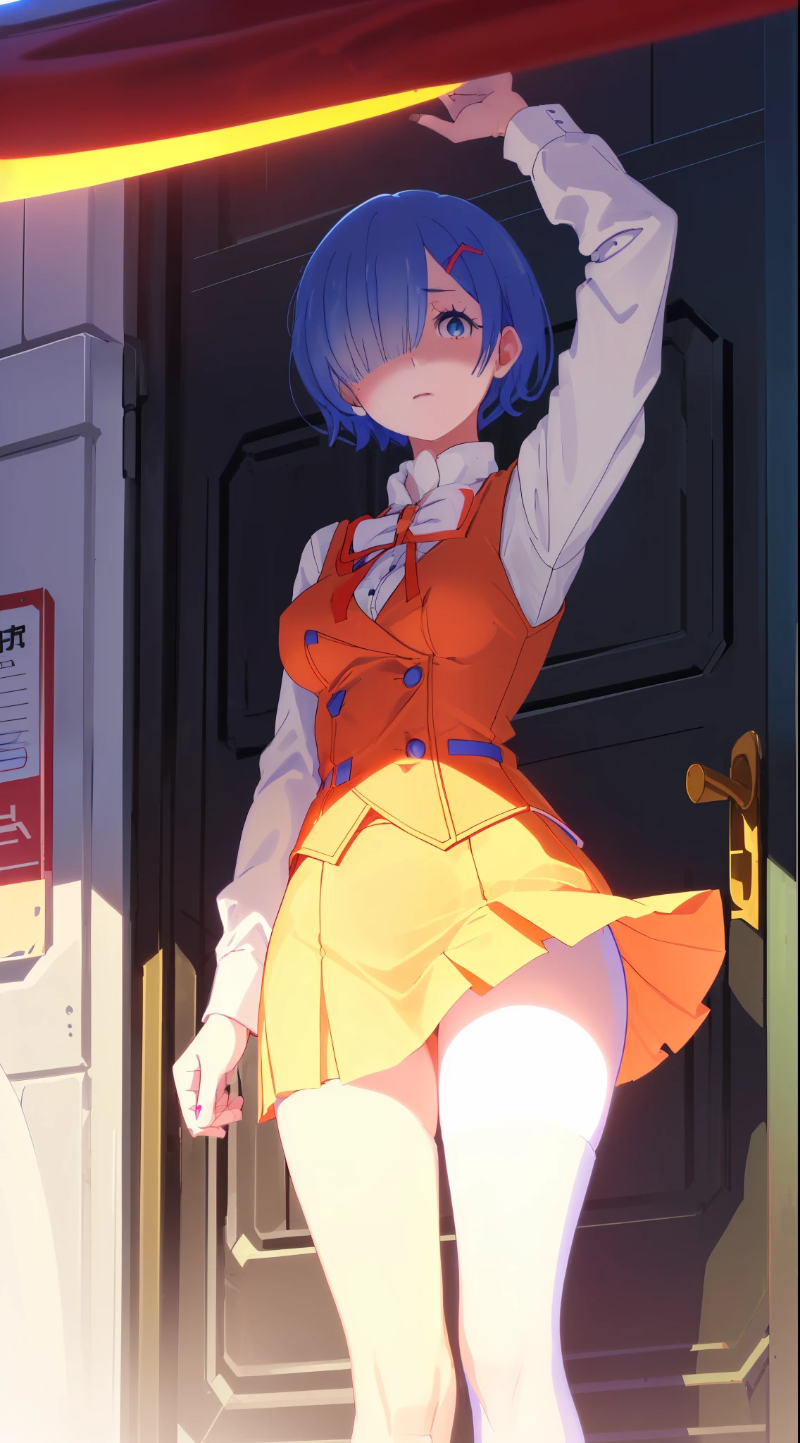 Acme Face、Random pose、short hair、Blue Hair、、hair over one eye、、nsfw、Highest quality、1 girl、Alone、、Sexy pose、、
BREAK (office lady uniform:1.3), (wear an light-orange cummer vest over a long sleeve white collared-shirt with blue ribbon:1.4), (double-breasted on light-orange cummer vest:1.4), (blue ribbon on neck:1.2), (tight light-orange pencil skirt:1.3), (light-orange skirt), (natural beige pantyhose:1.3), (pumps with heels:1.2),