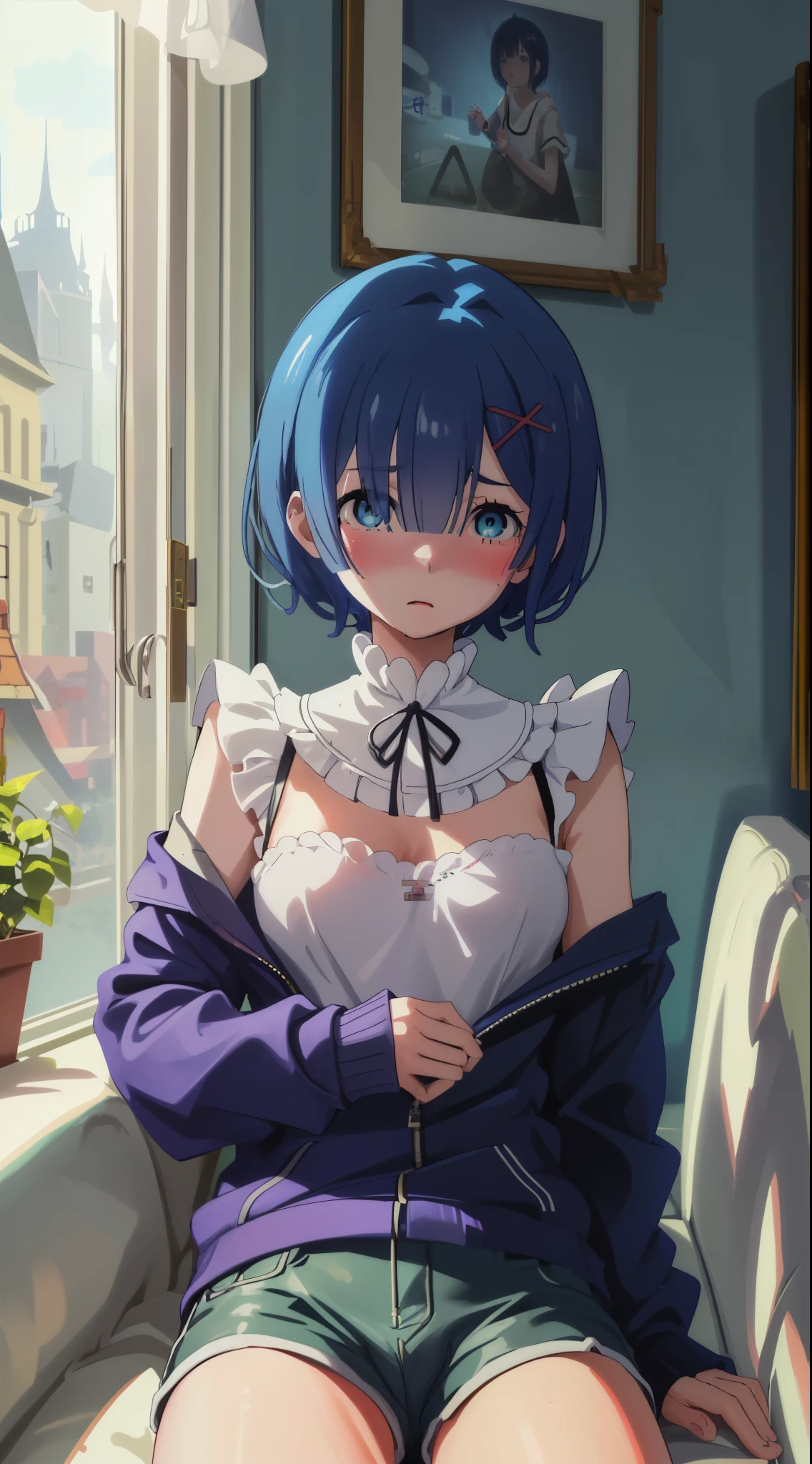 Sitting cross-legged、Sitting cross-legged、 shorts、 wearing a hoodie、masturbation, pussy, pussy juice、 pussy、masturbation、, pussy、 masturbates、masturbation、 、Cute casual clothes、、Acme Face、Random pose、short hair、Blue Hair、、hair over one eye、、nsfw、Highest quality、1 girl、Alone、、Sexy pose、Random pose、Blushing、wet、Sofa bed、room、masturbation, pussy、デニムの shorts、masturbation、 masturbates、masturbation、 、Cute casual clothes、