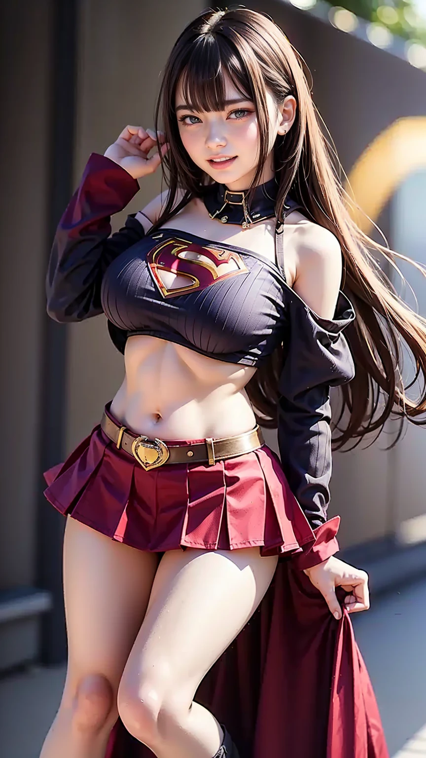   1 girl，big tit female body set ，  Supergirl Costume Dress，skirt、ミニskirt、Cutting clothes，close，  Off Shoulder Outfit，Charming，  perfect body，street，belly button，Abdominal vest line，Brown Hair、Long Hair、Long Hair、  Sexy Poses