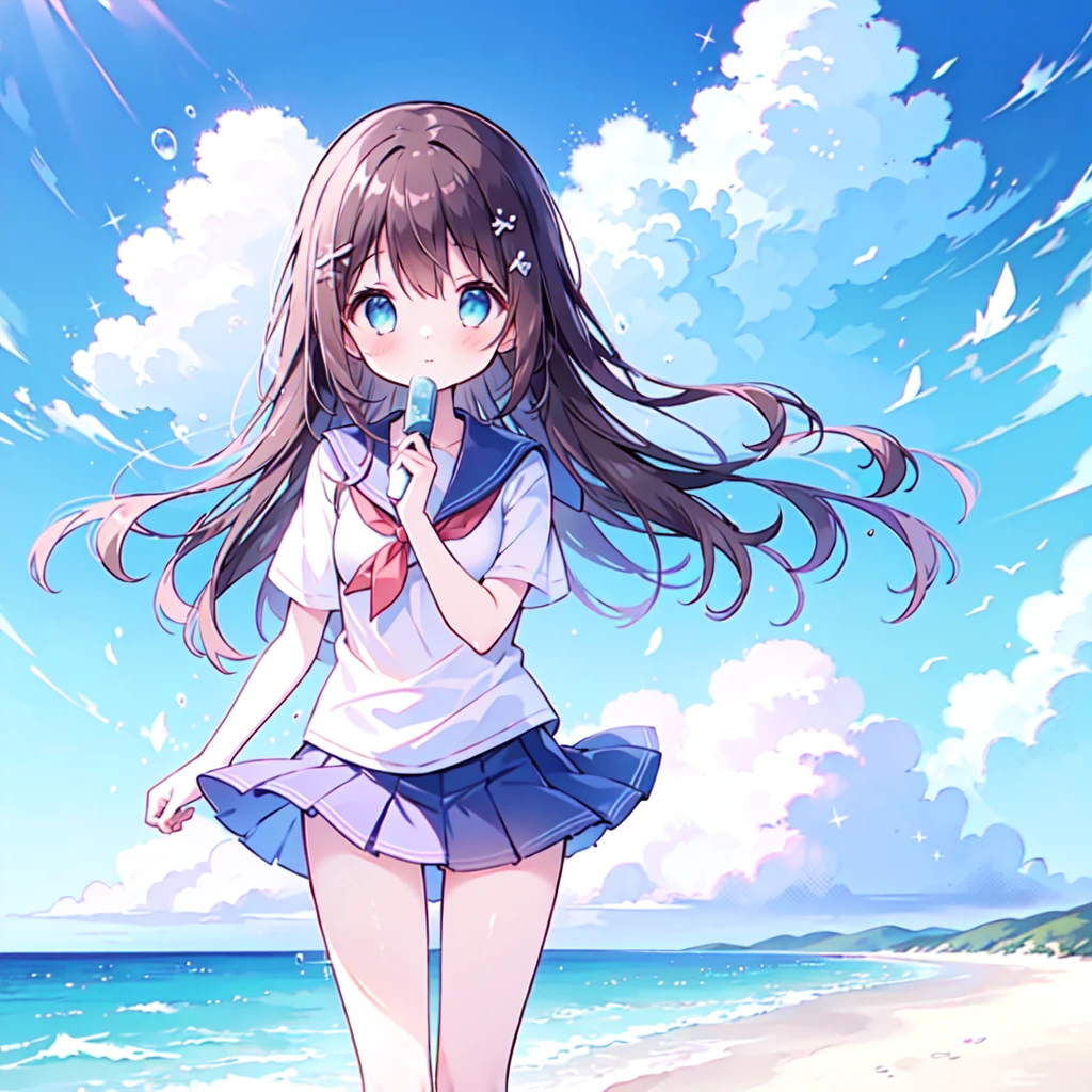 ((( super detailed,  Highly Detailed CG, masterpiece,  High Quality , 4K,  high definition , sharp concentration,Calm and beautiful sea , anime style illustration ))),(Alone:2), cute, smiles,(An -aged girl is stan on the beach:1.4),Blue and white sailor suit ,Short sleeve, Longer Skirt ,( slightly bulging breasts:1.2),Tempting, Clear Skin,barefoot, long hair,Neat hair,Brown Hair,Light wind , White Clouds ,blue sky, watching viewers , shy 