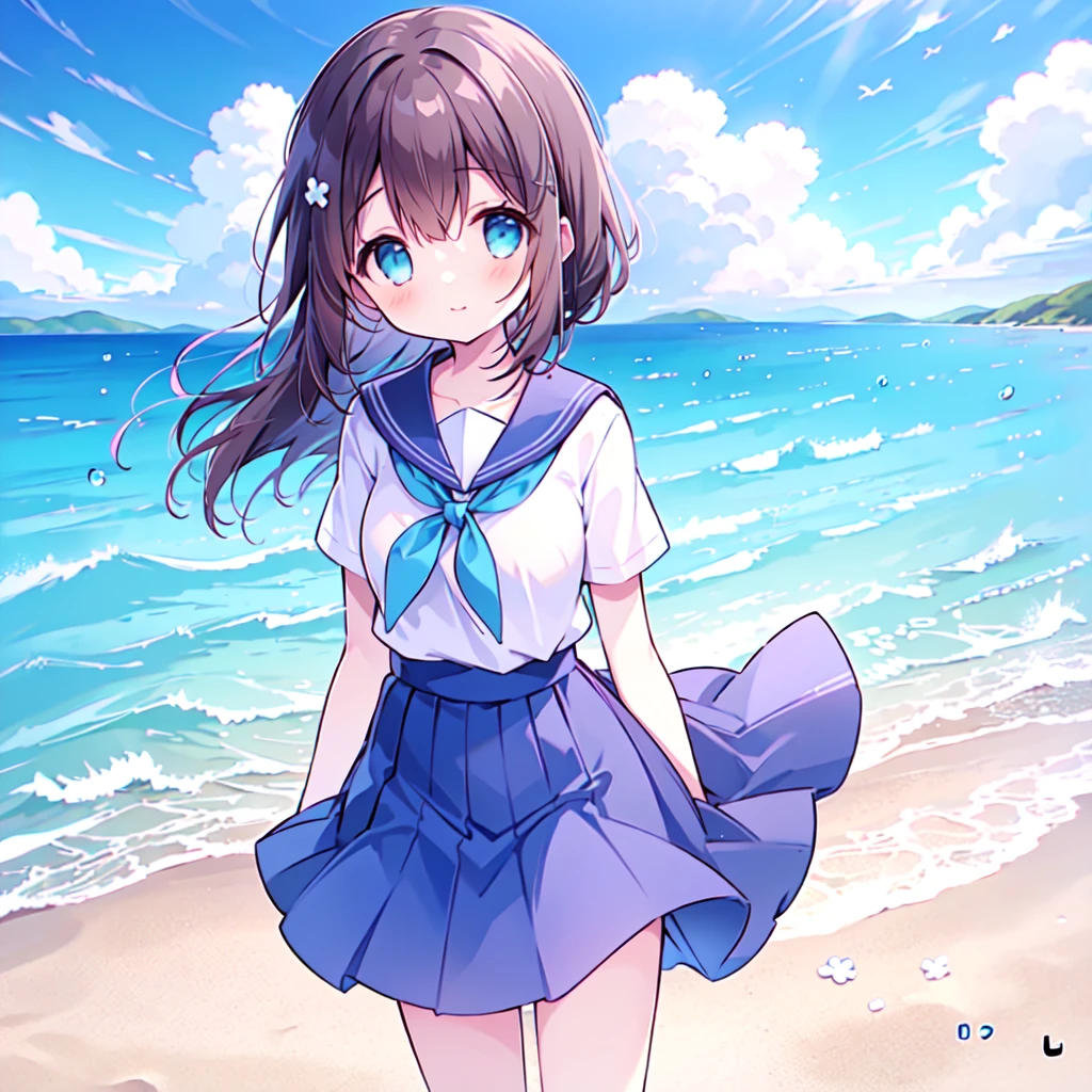 ((( super detailed,  Highly Detailed CG, masterpiece,  High Quality , 4K,  high definition , sharp concentration,Calm and beautiful sea , anime style illustration ))),(Alone:2), cute, smiles,(An elementary school-aged girl is standing on the beach:1.4),Blue and white sailor suit ,Short sleeve, Longer Skirt ,( slightly bulging breasts:1.2),Tempting, Clear Skin,barefoot, long hair,Neat hair,Brown Hair,Light wind , White Clouds ,blue sky, watching viewers , shy 