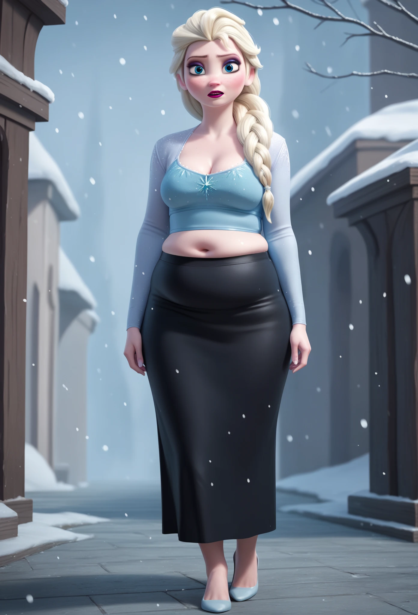 score_9, score_8_up, score_7_up, score_6_up, score_5_up, score_4_up, BREAK
1girl, elsa \(frozen\), gained some weight, and got plump, blonde hair, hair over shoulder, long hair, blue eyes,
makeup, bikini top, tight skirt,
looking at viewer, solo, snowing, Arendelle  background  