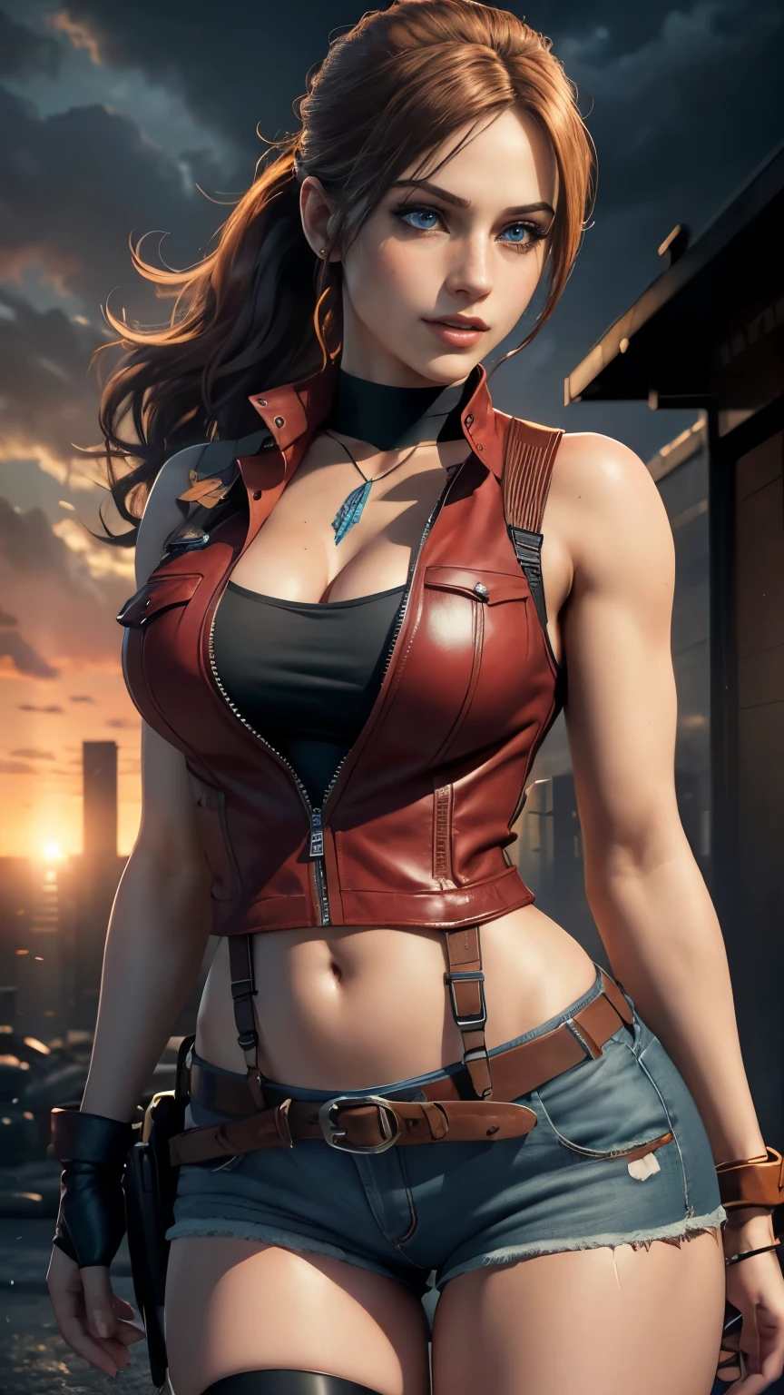 Claire redfield da resident evil,(best quality, 4K,8k,high resolution,work of art:1.2)(weather: sunset), city ruins background, police station, wide hips, long curly hair, short ponytail hair, brown hair, freckles, sleeveless top, short sleeve red jacket, blue denim shorts, stockings, harness, boots, fingerless gloves, light makeup, dark eyeshadow, flirting pose, ultra detailed,portrait,realistic,beautiful detailed blue eyes, beautiful detailed lips,extremely detailed eye and face, long eyelashes,average, large breasts,flying hair,beaming smile, sexy smile, powerful girl, bright coloured, dramatic lighting, smoke,