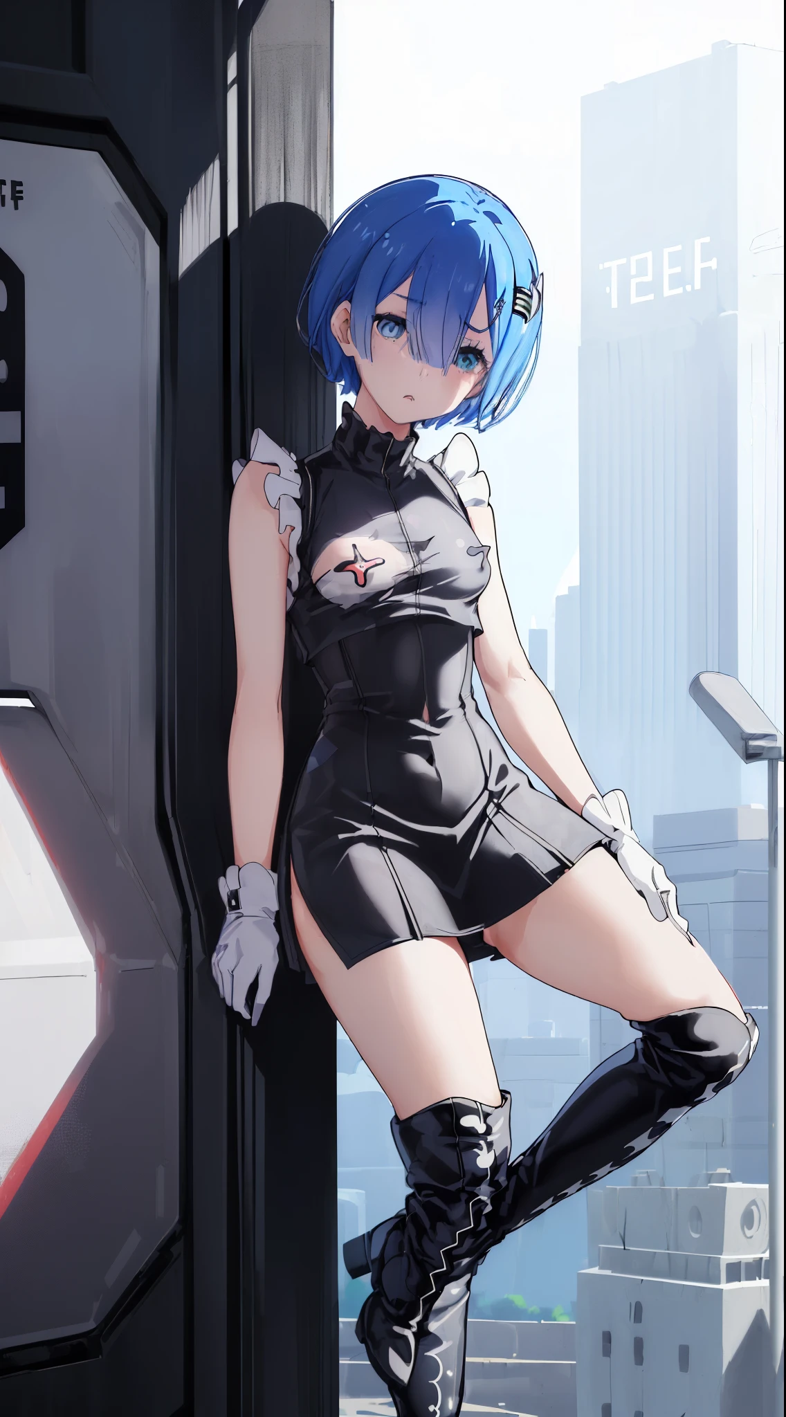 Acme Face、Random pose、short hair、Blue Hair、、hair over one eye、、nsfw、Highest quality、1 girl、Alone、、Sexy pose、、
BREAK (Sexy one-piece costume: 1.3), (Ruffle fabric: 1.4), (High-neck sleeveless latex crop top: 1.4), (A snug-fitting super low-rise (tight skirt) cut in half lengthwise, the fabric area is extremely small. :1.4), ((shallow, ultra-low rise, pull-down skirt): 1.2), (bare (hipbone, lower abdomen, lower abdomen, lower buttocks, upper thighs): 1.4), (fused over-knee socks and heeled boots: 1.3) , (Gloves), (Intercom:1.3),
BREAK (black and white costume (checker pattern, checker flag print): 1.4)