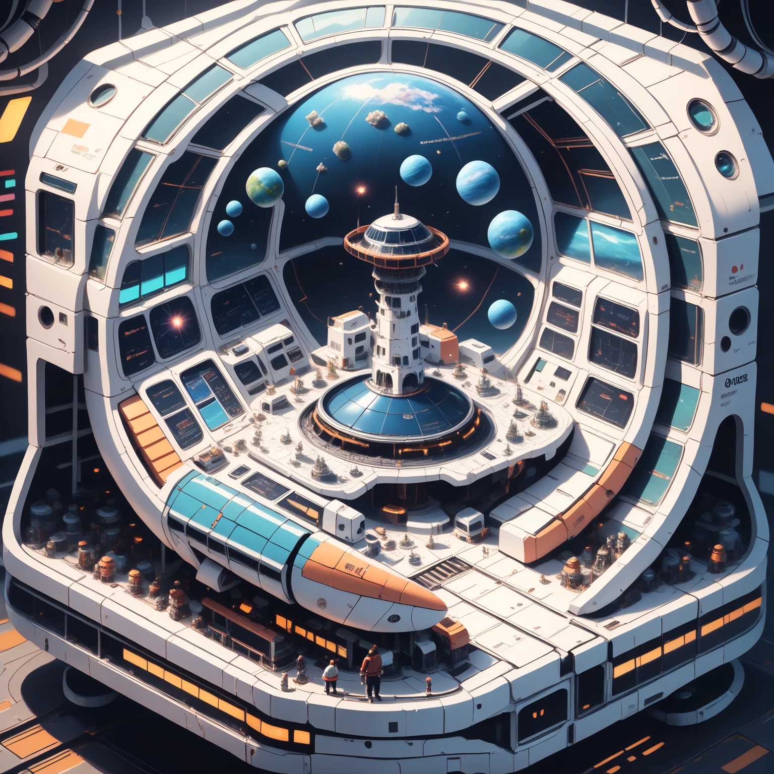 A miniature space station on a work table, isklzks, ((ultra quality)), anime enhancement, ((8k resolution, masterpiece, best quality)), ultra detailed, ultra sharp, perfect colors, perfectly shaded, perfect lighting