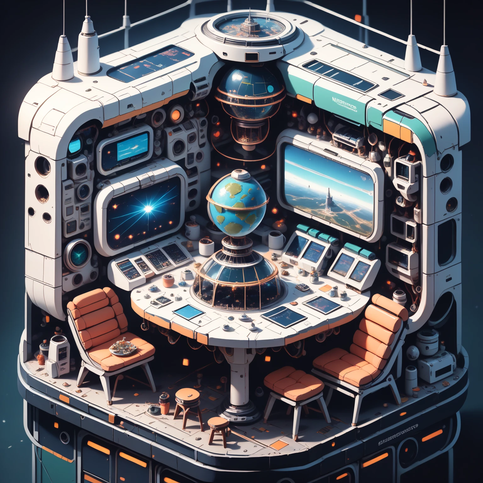 A miniature space station on a work table, isklzks, ((ultra quality)), anime enhancement, ((8k resolution, masterpiece, best quality)), ultra detailed, ultra sharp, perfect colors, perfectly shaded, perfect lighting