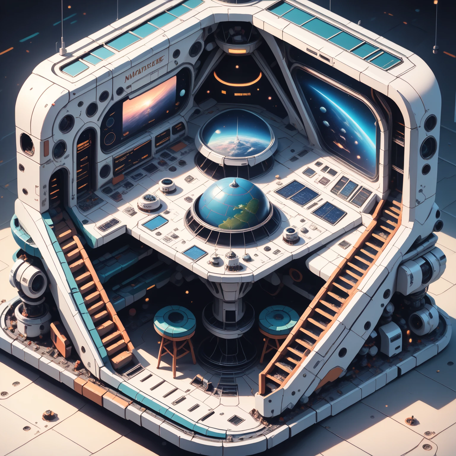 A miniature space station on a work table, isklzks, ((ultra quality)), anime enhancement, ((8k resolution, masterpiece, best quality)), ultra detailed, ultra sharp, perfect colors, perfectly shaded, perfect lighting