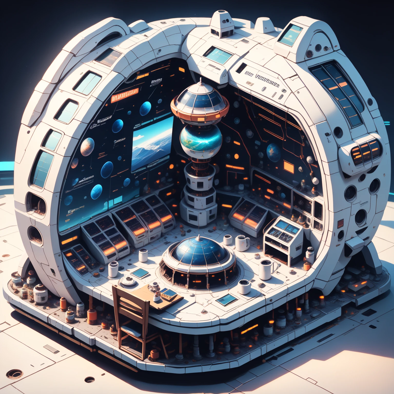 A miniature space station on a work table, isklzks, ((ultra quality)), anime enhancement, ((8k resolution, masterpiece, best quality)), ultra detailed, ultra sharp, perfect colors, perfectly shaded, perfect lighting