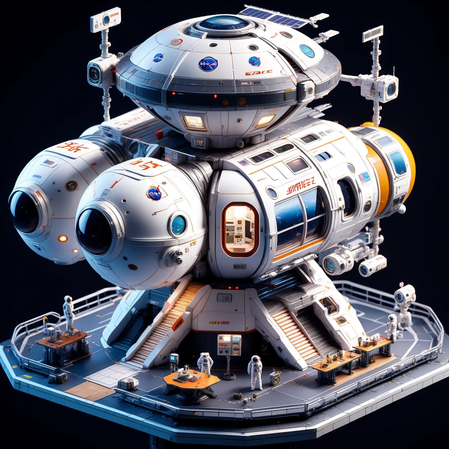 A miniature space station on a work table, isklzks, ((ultra quality)), anime enhancement, ((8k resolution, masterpiece, best quality)), ultra detailed, ultra sharp, perfect colors, perfectly shaded, perfect lighting