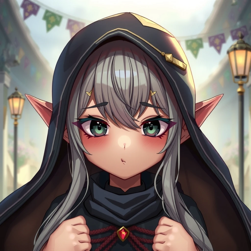 Cute elf girl with a pouting face wearing a black hood, face photo, ultra detailed, absolutely resolution, masterpiece