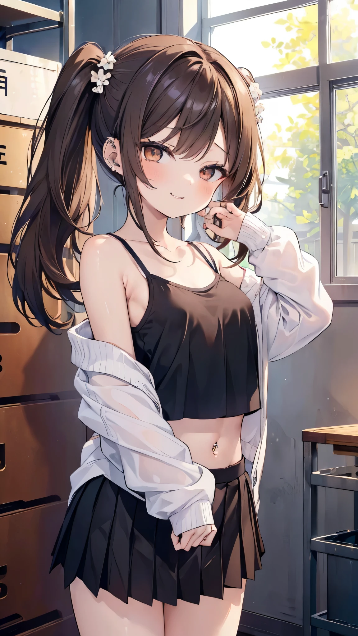 Anime girl in a black and white outfit standing in front of a window ...