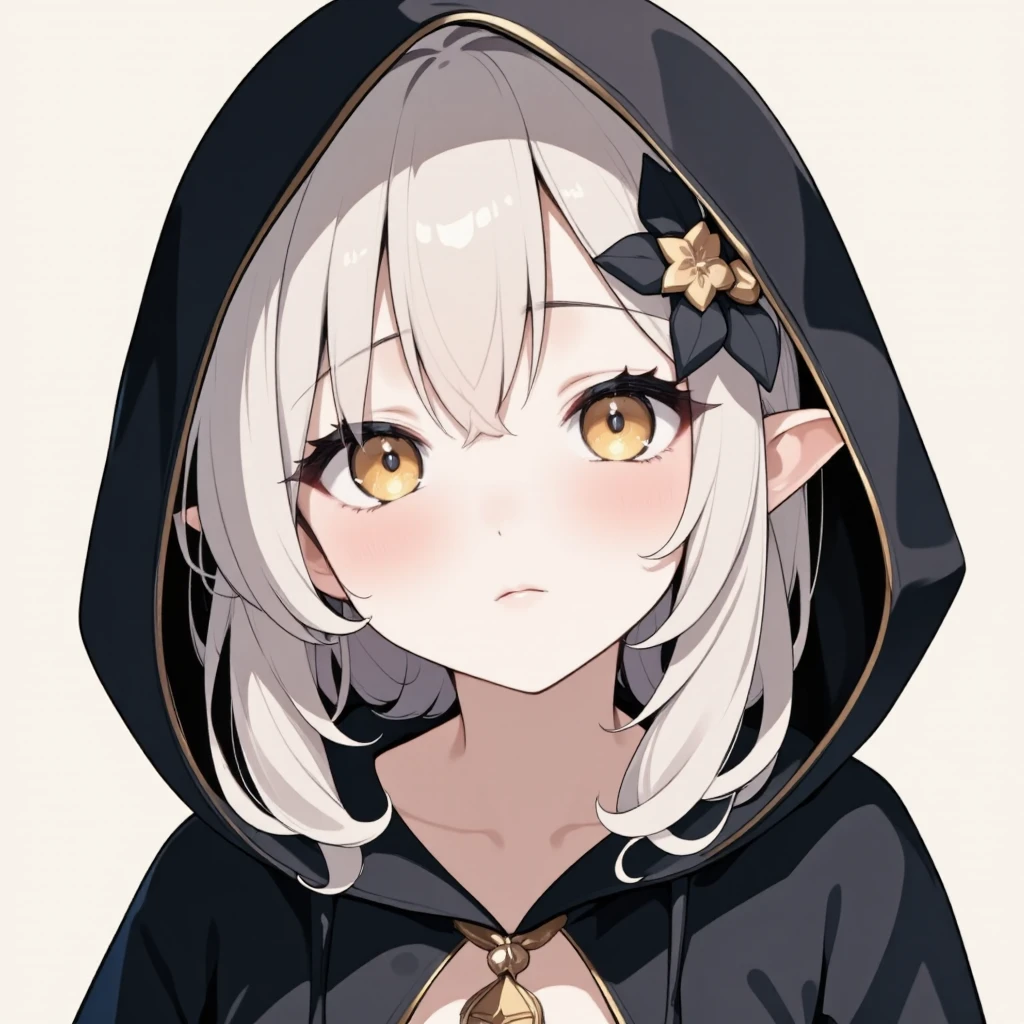 Cute elf girl with a pouting face wearing a black hood, face photo, ultra detailed, absolutely resolution, masterpiece