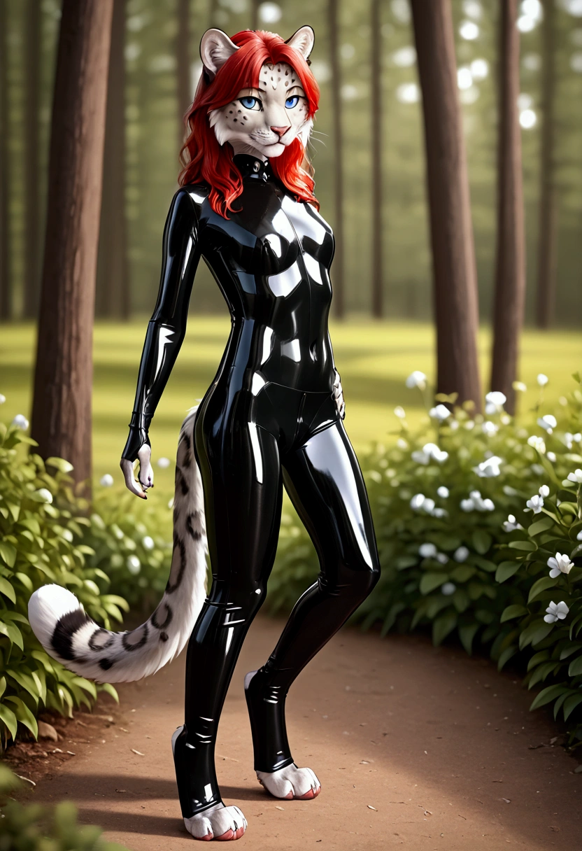 16k, (black, full body, skintight:1.2, latex catsuit):1.4, detailed (head,eyes), (slim body, detailed head/tommy):1.2, detailed masterpiece furry anthro, (face, body, legs, hands, hind paws):1.4. by (hioshiru,melianah,kyotoleopard):1.2, solo, (snow leopard girl, red hair):1.2, in woods, sunsett. detailed white fluffy fur,looking at viewer,blurry background