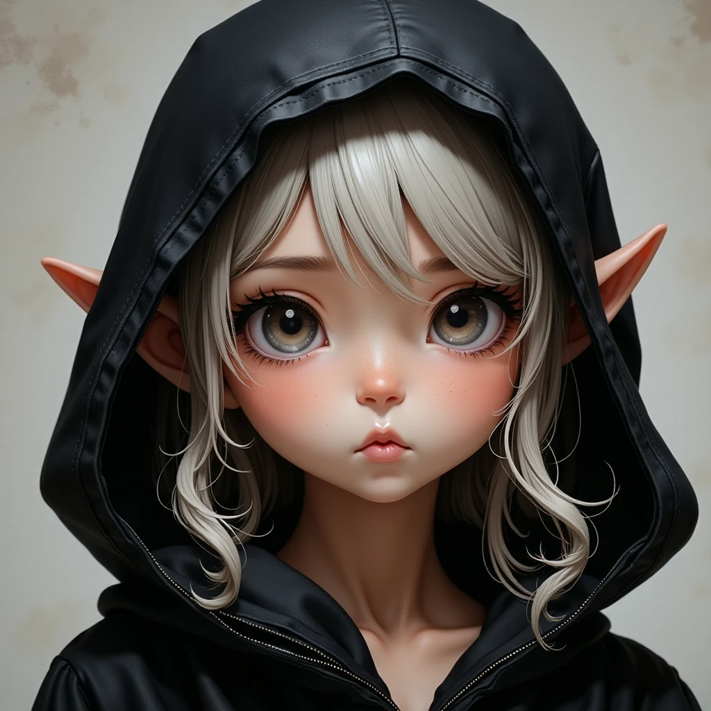 Cute elf girl with a pouting face wearing a black hood, face photo, ultra detailed, absolutely resolution, masterpiece