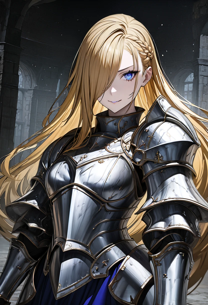 最 High Quality , 8k,  high definition ,  High Quality ,   Masterpiece , beautiful, { Anatomically Correct }, Mature Woman, 1girl,  golden hair , asymmetrical bangs, up pony hair,  blue eyes ,  hair over one eye, , beautiful small breasts , , , gleaming skin, knight, Western Armor, Ready for battle,  dungeons,  devilish smile,  above the knee, curvy, cleavage, 