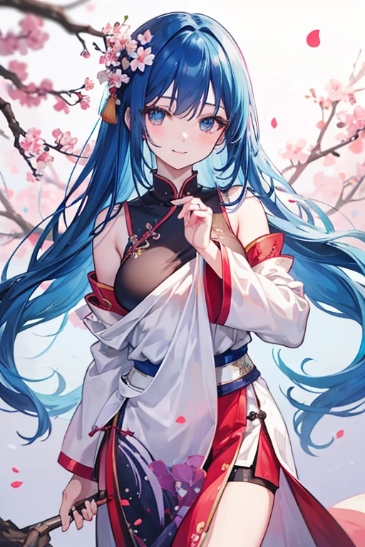 blue_hair, long_hair, bangs, horns, purple_eyes, ahoge, breasts, blush, goat_horns, sidelocks, bell, medium_breasts, large_breasts, neck_bell, ((masterpiece)), (Professional Photography:1.2), camelliamix, from above, flat body, Beautiful flowers bloom, (sparkles), (There is a blooming camellia),standing under a tree, (head looking up), Look at the tree, Natural soft light, macaron, Still ethereal, Crisp and smooth lines, radiant morning light, soft luminescent glow, (((Kimono Robes)))