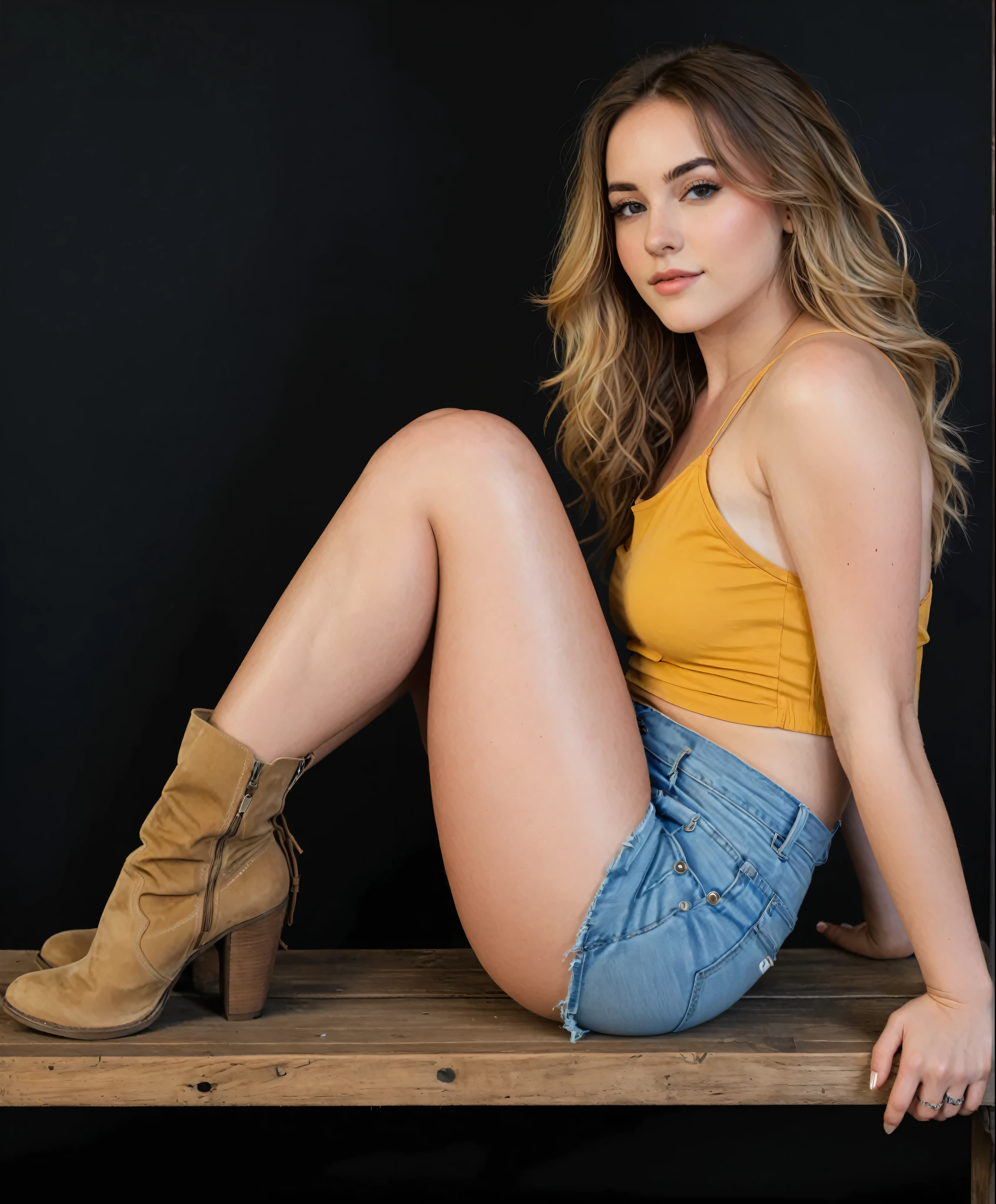 Woman sitting on a wooden bench with her legs crossed., pose casually , 2 model woman , wearing a nightgown and boots , pretty face with arms and legs , Beautiful young model, sitting at a table, Kailee Mandel, pose lateral, full body photo shoot , photo from a promotional shoot , pose sexy, sydney sweeney