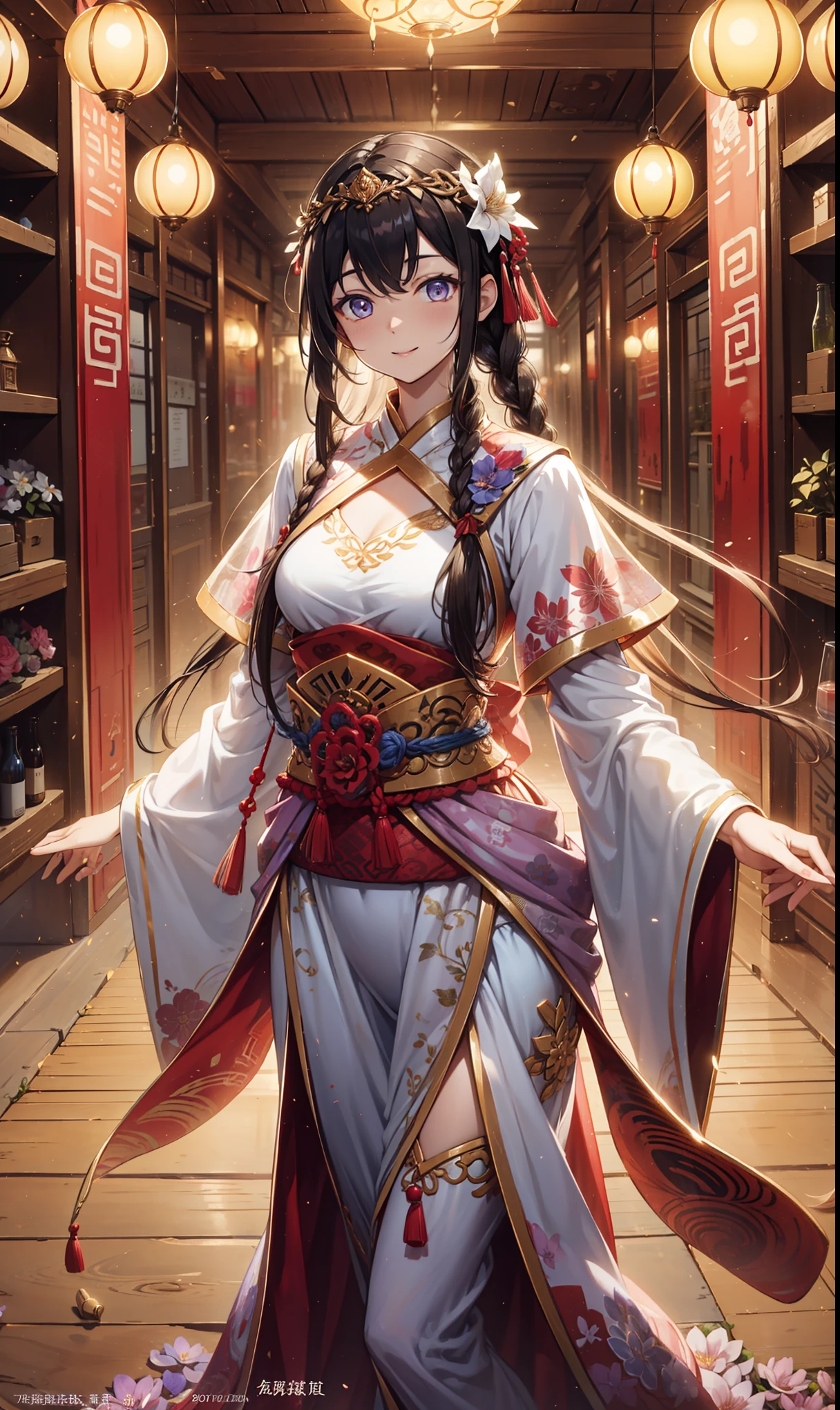masterpiece, Best Quality Banquet , 1 female, Mature Women , Elegant, Chinese, Ancient China, elder sister, Imperial sister, happy , Ball head , Short braids, light brown hair , , gorgeous headdress , Pink clothes, Yarn Clothing, Intellectuals, Full bangs, Straight bangs, flower bulbs , Exquisite appearance , Purple Delicate Beautiful Eyes, dreamy colors, Beautiful environment ,Fantasy,Elegant姿势