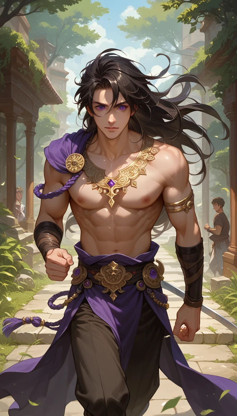 (((((male, strong, long hair, god-like, dog ears))))), muscles, fluttering long black hair, ornate decorations, mountain forest background, evening glow, gorgeous pink green tribal costume, holding a glowing staff in one hand and resting the other hand on the chest