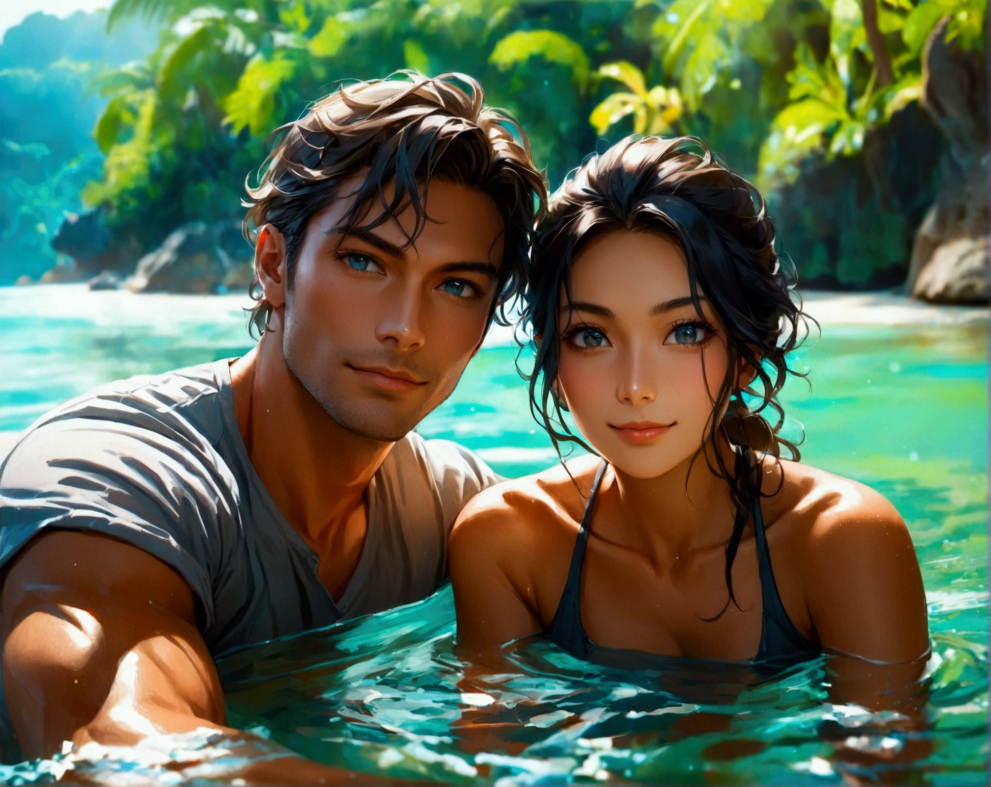 Portray a wide shot in cinematic vibe, set against the tranquil backdrop of a shallow lagoon surrounded by lush tropical flora. Exuding affection looking directly at the camera with subtle grins, an interracial couple is relaxing and sitting arm in arm on a sea rock by the shallow lagoon. The couple features an European man in his thirties and an Asian woman in her twenties. He has a blue eyes, strong square face, chiseled features, an athletic physique, cool undertone and short light brown hair subtly tousled. He wears a gray t-shirt and beach trunks. While his Asian girlfriend, with an charming diamond face, defined by low cheekbones, pretty black eyes and framed by long, silky black hair, wraps herself in a red shirt in floral print. The stunning lagoon, a brilliant blue, sparkles in harmony with the tropical surroundings. The camera captures the essence of a romantic moment from below((wide shot)), ((looking at viewer)), (grin), (from below)((wide shot)), soft lighting, highly detailed, best quality, unique perspective