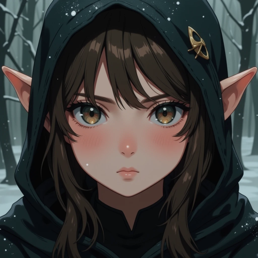 Cute elf girl with a pouting face wearing a black hood, face photo, ultra detailed, absolutely resolution, masterpiece