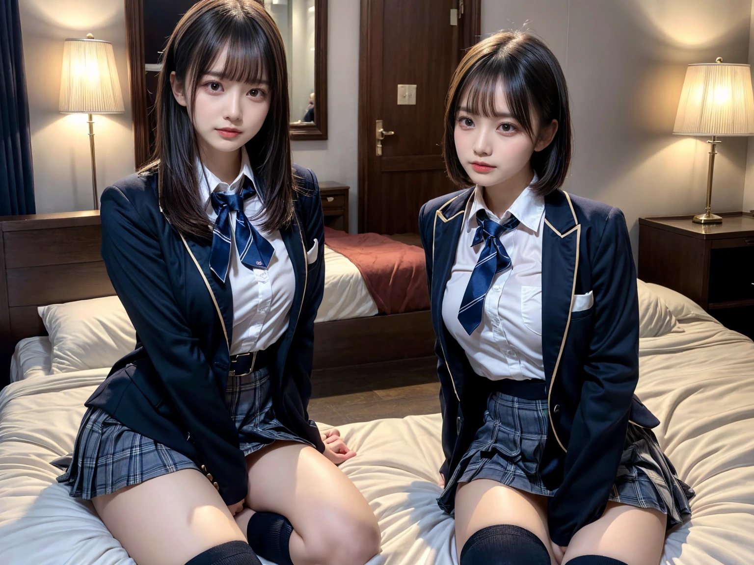 muster piece, best quality, illustration, Super detailed, fine details, High resolution, 8K,wall paper, perfect dynamic composition,(Details High quality, realistic depiction of eyes:1.3), ((2 girls, 2 schoolgirls)), The background is a luxury hotel room、High school girl uniform、blazer 、Super Short Check Uniform Skirt、Navy blue high socks、garterbelts、Colossal tits、Disturbed uniform, Play with each other,Touching each other's bodies,Touching the body of the girl next door, short bob hair, black hair color, huge breasts, Big Natural Color Lip, bold sexy pose, (perfect body shape), crying a little、cold gaze, Harajuku style、Beautiful makeup,glitter makeup,Cutest 18 years old, beautiful legs, hposing Gravure Idol, Voluptuous thighs