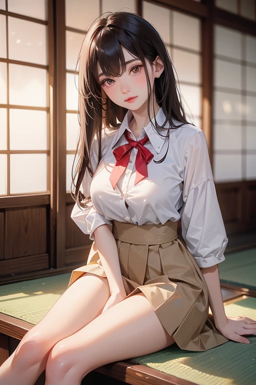 sit in Sauna room , steam , waistband of skirt is at the point above chest , Tight shirt , white Shirt , school girl , skirt under breasts , skirt is near breasts area , skirt is adjacent to the chest , jabami yumeko, black hair, long hair, blunt bangs , red jacket, shirt, black skirt , big breasts