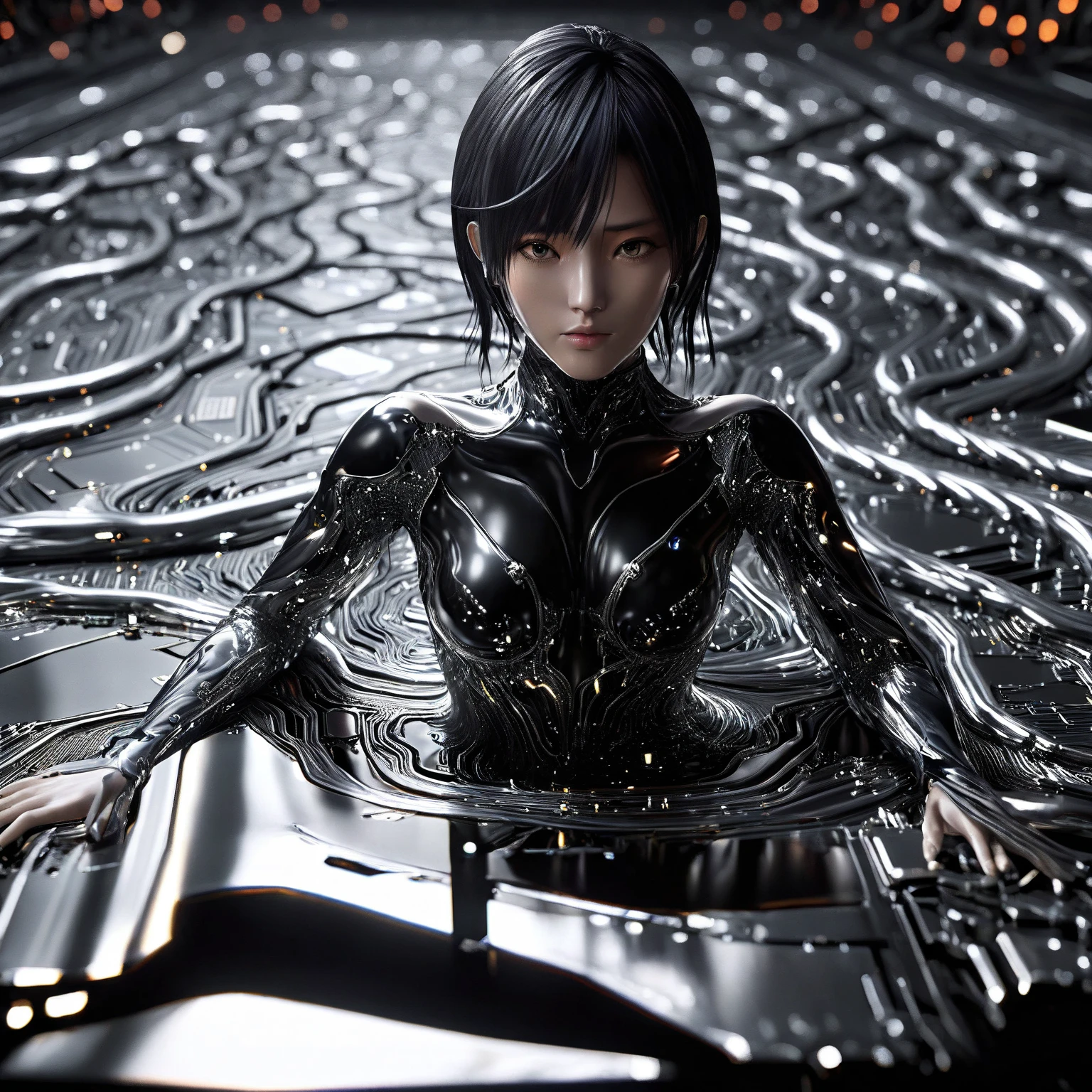 masterpiece, best quality, 1girl named nagisa, in a more dynamic, graceful pose, Dark_Futuristic_Circuit_Boards background, half-body, from above, lying on the board,  bodysuit made of chrome, movie still, ciematic, 