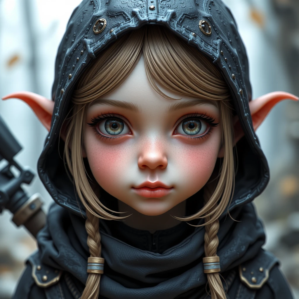 Cute elf girl with a pouting face wearing a black hood, face photo, ultra detailed, absolutely resolution, masterpiece