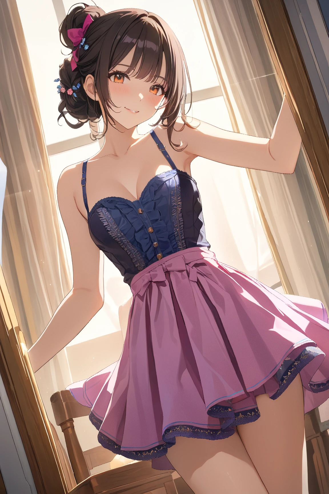 one woman, alone, middle aged, きれいなmiddle agedの女性、I could see the whole body、 ((short hair)), ((brown eyes, beautiful eyelashes, realistic eyes)), ((detailed face, blush:1.2)), ((smooth texture:0.75, realistic texture:0.65, realistic:1.1, Anime CG style)), ((glamorous body)),(( big breasts)), dynamic angle, perfect body, ((purple transparent bow, red skirt))、(Hotel stairs)、It's windy、(Very embarrassing panic smile)、looked back、I can see her ass sticking out in front of me...、Angle looking up from the bottom of the stairs、 (((The wind flipped up my skirt、My butt is now completely visible...、Pink floral panties)))、((table top, highest quality, High resolution, perfect pixel, 4K,))),