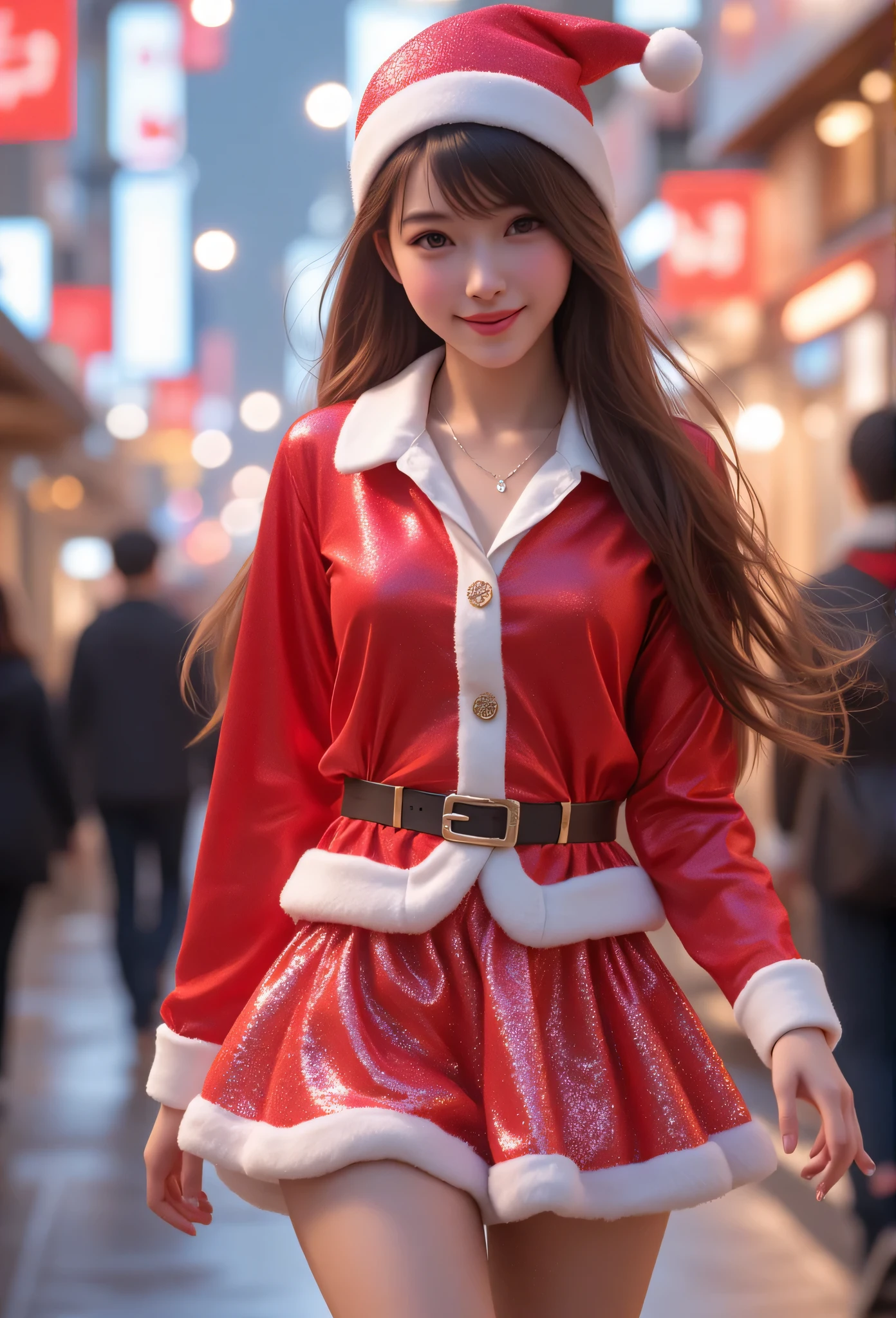 (((SFW))), (1.femele, Solo), 8K, ((masutepiece)),(((top-quality))),((Ultra-detailed)),((((Realistic)))), Photorealsitic:1.87, (A hyper-realistic), (hight resolution), (ighly detailed), (ultra-detailliert), (wall-), (详细的脸), (Beautiful expression), ((Details Top quality skins:1.2)), ((Reddish blush)), (hyper detailed background, Detailed background), (Beautiful and aesthetic: 1.2), Extremely detailed, Wearing miniskirt Santa Claus costume, Santa Claus costume with warm fur, stand on main street, cakes are sold in front of the shop, A beautiful cafe storefront, Gorgeous Christmas decorations, Colorful illumination lighting, night street scene