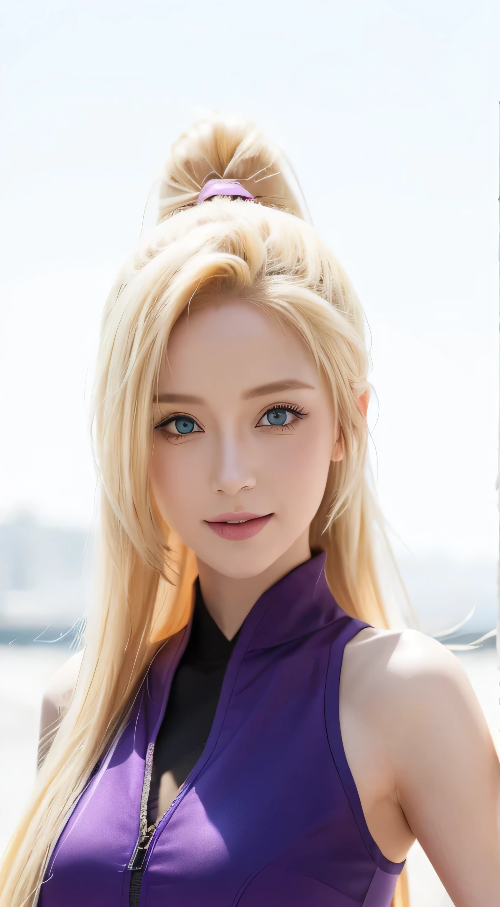1female, ino in anime anime shippuden, long hair, yellow hair, blue eyes, smile, beautiful, purple clothes, realistic clothes, city background, ultra detail, realistic, masterpiece:1.2, HDR, studio lighting, vivid colors, sharp focus, physicially-based rendering, ultra-fine painting, portraits, landscape