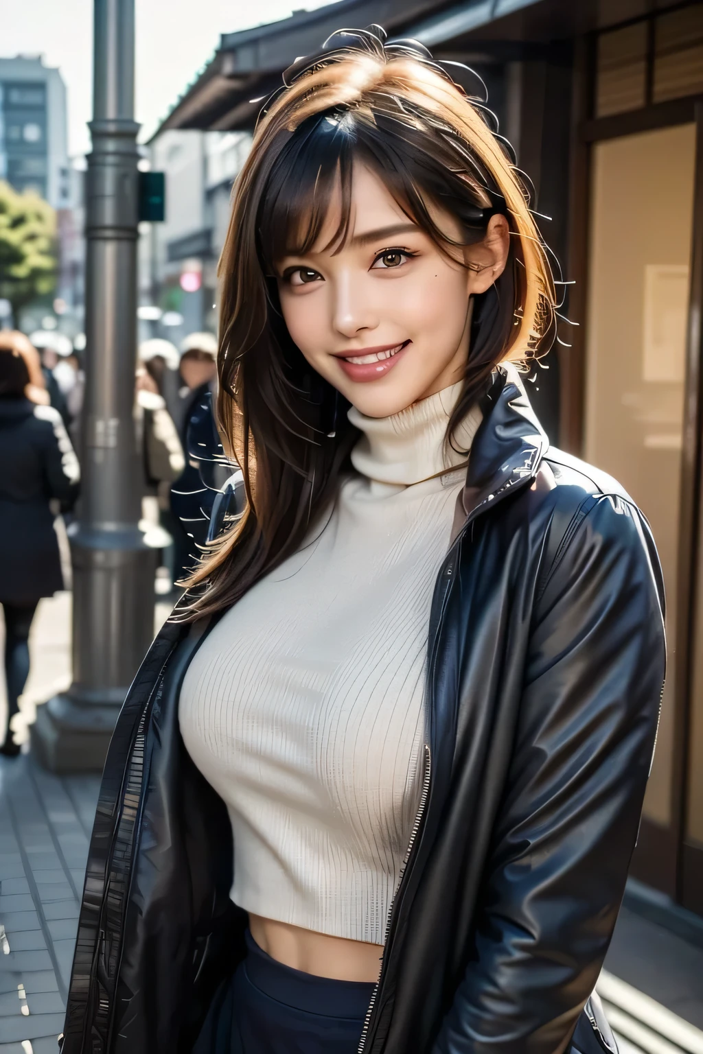 (8k,  RAW photos ,  top quality, masterpiece,  realistic ,  Photorealistic), ( 1 Woman ), (Ultimate beauty), Middle age,  Highly Detailed Faces,  detailed eyes on board,  double eyelids ,  eyelash , smile, (Perfect Teeth),  detailed lips from home,  bob hair, (Big Breasts), (( light yellow long turtleneck sweater)), (( brown tight mini skirt )), ((Wear a navy blue down coat )), ( Cowboy Shots), Koen-dori in Tokyo, Soft light, (( written boundary surrounding multiple girls)) 