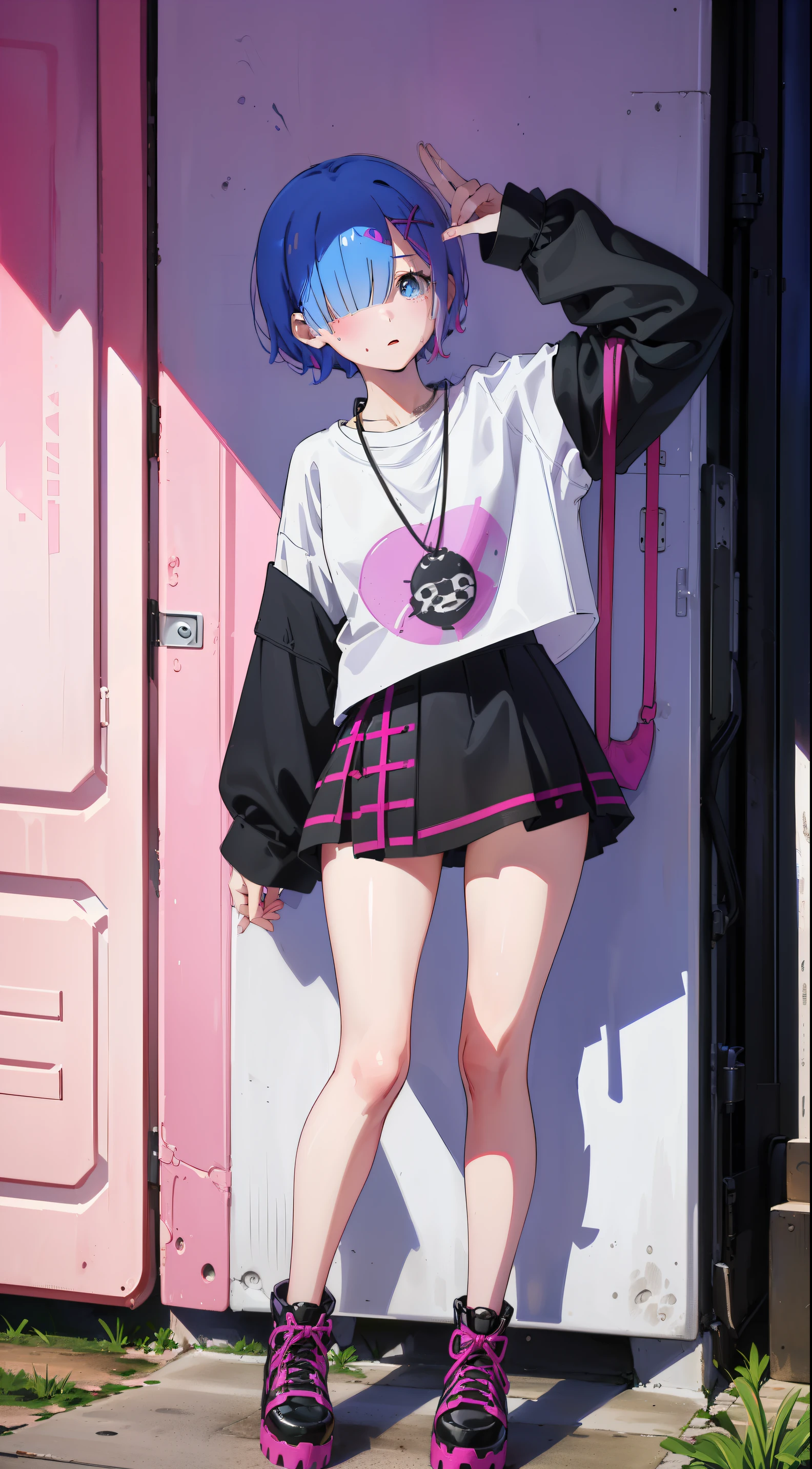 Acme Face、Random pose、short hair、Blue Hair、、hair over one eye、、nsfw、Highest quality、1 girl、Alone、、Sexy pose、、
(Pink theme: 1.4), ((Hip-hop style, native style): 1.4), (Loose, sloppy black wear: 1.3), (Oversized pink T-shirt with tucked-out hemline) :1.5), (Exposed T-shirt hem: 1.4), ((Long sleeve, baggy) Baggy sleeves): 1.2), (Black and pink tartan check miniskirt: 1.1), (Black and white striped pattern) knee-high socks: 1.3), (Necklace: 1.2), (Pink T-shirt with open chest :1.2), (Platform HIGH boots:1.1),strap slip