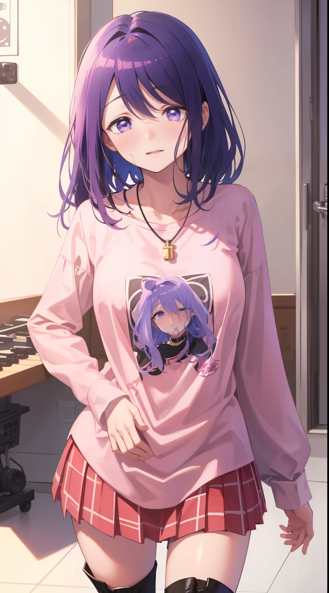 ,淡いPurple Eyes、Light purple hair、 semi-long hair 、 random poses 、indoor、 shy expression 、Glamorous expression、 Acme Face、Random pose、short hair、Blue Hair、、hair over one eye、、nsfw、Highest quality、1 girl、Alone、、Sexy pose、、 (Pink theme: 1.4), ((Hip-hop style, native style): 1.4), (Loose, sloppy black wear: 1.3), (Oversized pink T-shirt with tucked-out hemline) :1.5), (Exposed T-shirt hem: 1.4), ((Long sleeve, baggy) Baggy sleeves): 1.2), (Black and pink tartan check miniskirt: 1.1), (Black and white striped pattern) knee-high socks: 1.3), (Necklace: 1.2), (Pink T-shirt with open chest :1.2), (Platform HIGH boots:1.1),strap slip,駅のホーム