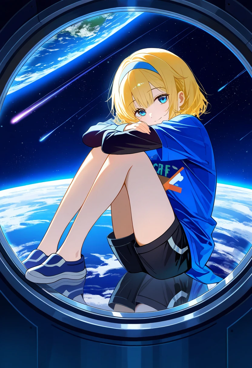 best quality, amazing quality, very aesthetic, absurdres, 1girl, arms on knees, blonde hair, blue eyes, blue shirt, earth (planet), flat shoes, hairband, hugging own legs, layered clothing, long sleeves, planet, porthole, puffy short sleeves, puffy sleeves, reflection, sci-fi shirt, shooting star, short sleeves over long sleeves, short sleeves, sitting, smiling, alone, space, space colony ark, space station, star (sky), window